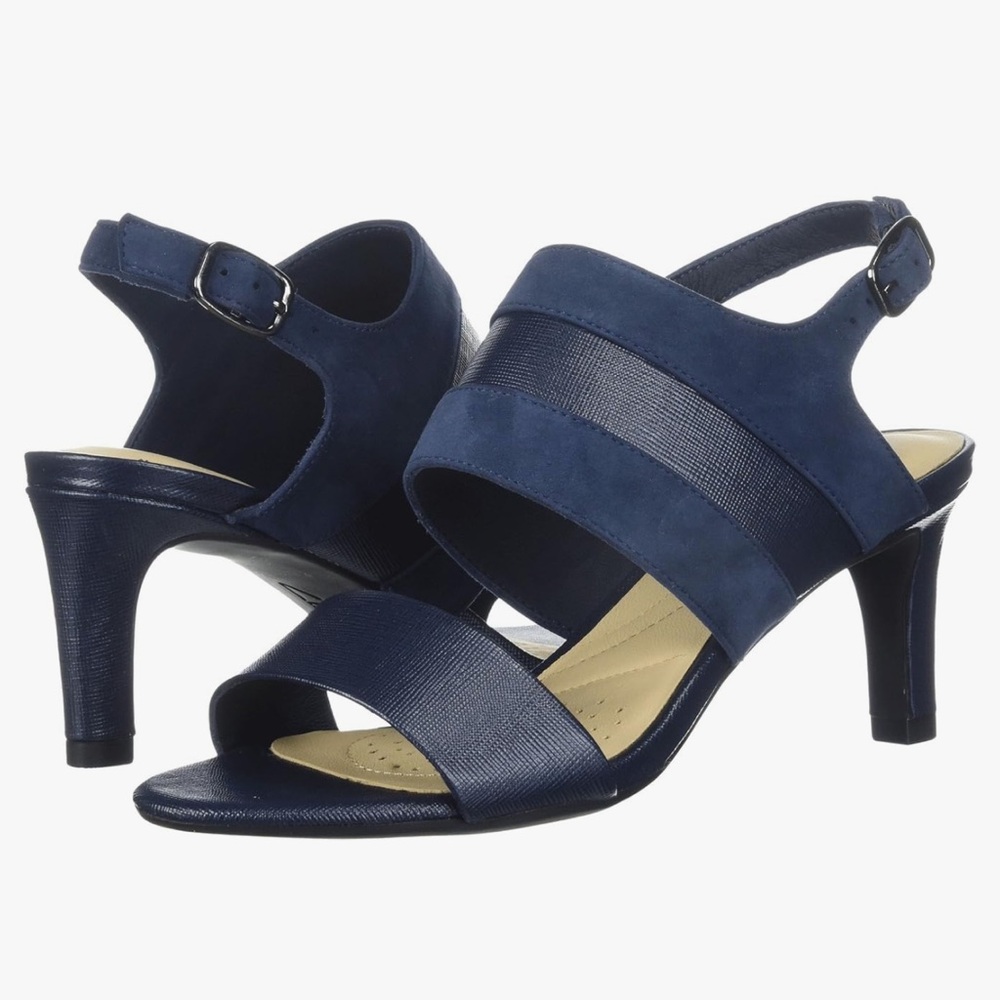 NEW clarks Laurety Joy leather  navy combi suede heeled sandals size 10M